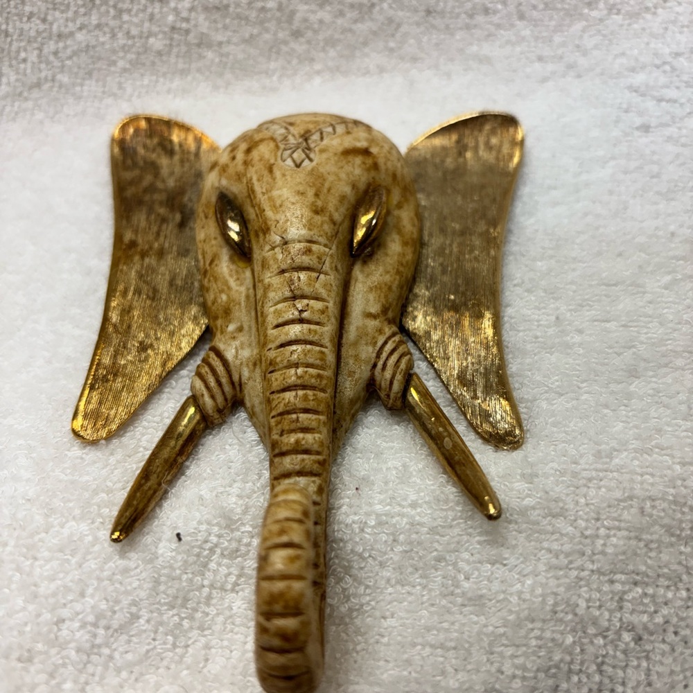 Vintage Gold and Brown Elephant Head Charm Jewelry Art